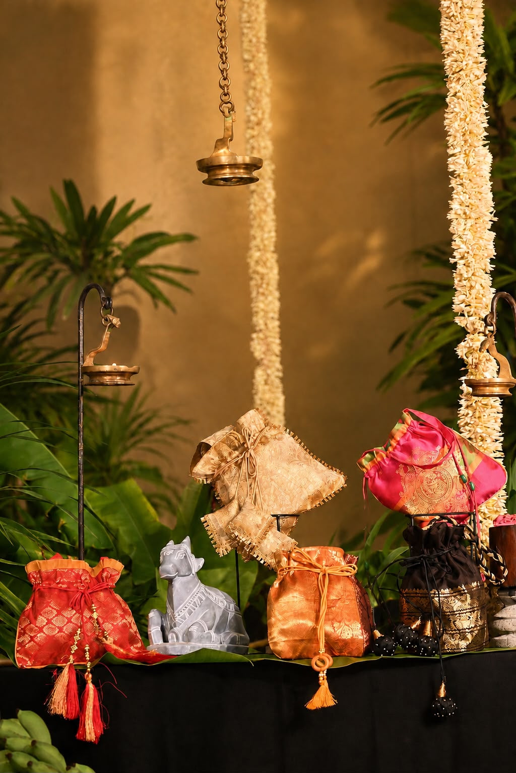 A styled display of traditional Indian drawstring pouches (kavals) in pink, gold, orange, and red, alongside a small white elephant figurine, set against a warm brown backdrop with hanging brass lamps and green foliage.